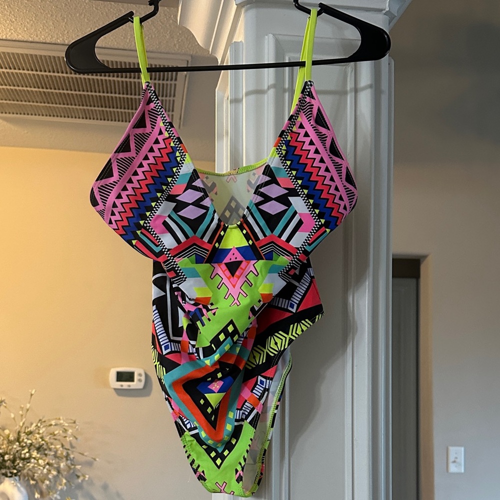 SHEIN Neon Tribal Print One-Piece Swimsuit - Pink, Lime Green, Black, Blue